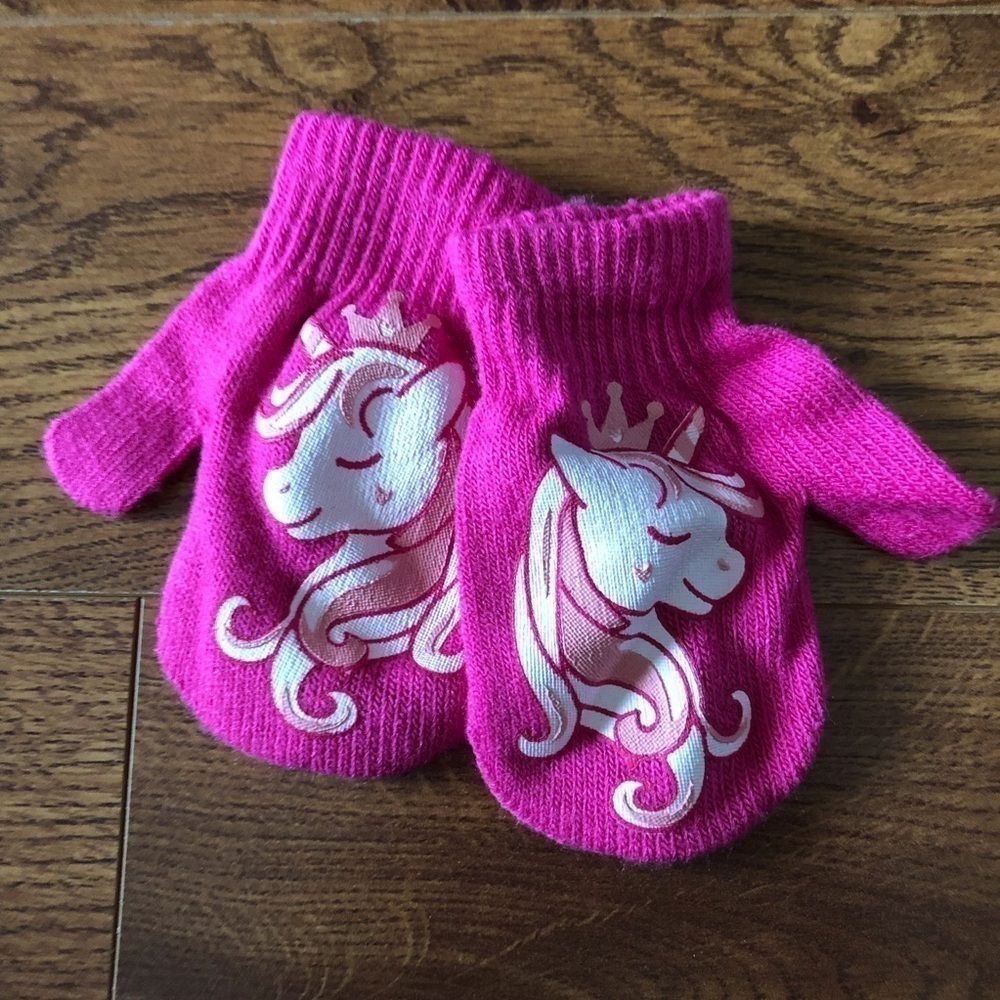 Pink unicorn knit mittens